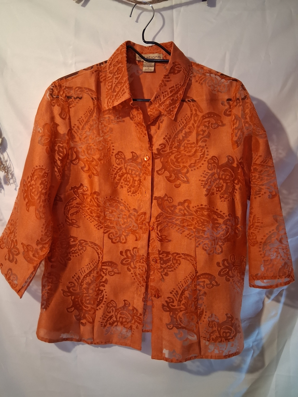 Notations Orange Sheer Paisley Button-Down Blouse